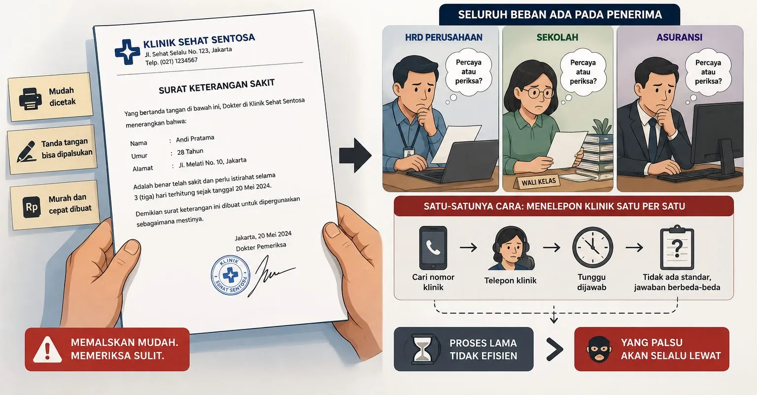 Selembar surat keterangan sakit yang mudah dicetak dan ditandatangani siapa saja, dan tiga penerimanya, HRD perusahaan, wali kelas sekolah, dan penilai asuransi, yang sama-sama hanya bisa memilih antara percaya atau menelepon klinik satu per satu.